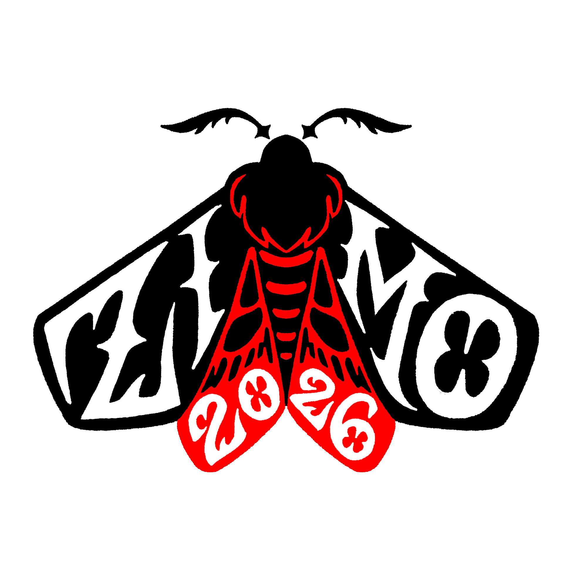 A black, white and red zimo moth with 'ZIMO 2026' on its wings